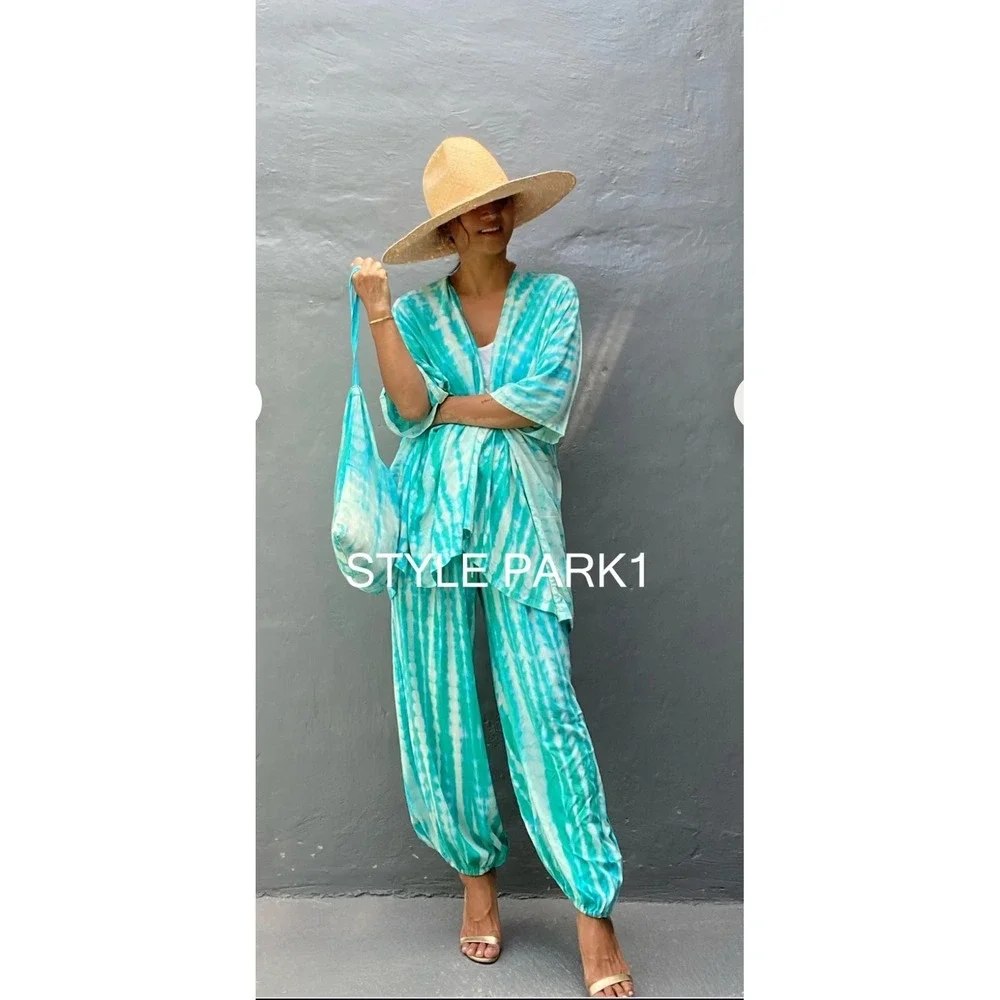 Style Park-J Tie Dye 3-Piece Set Women Turquoise Kimono Pants Bag Resort  Elasti